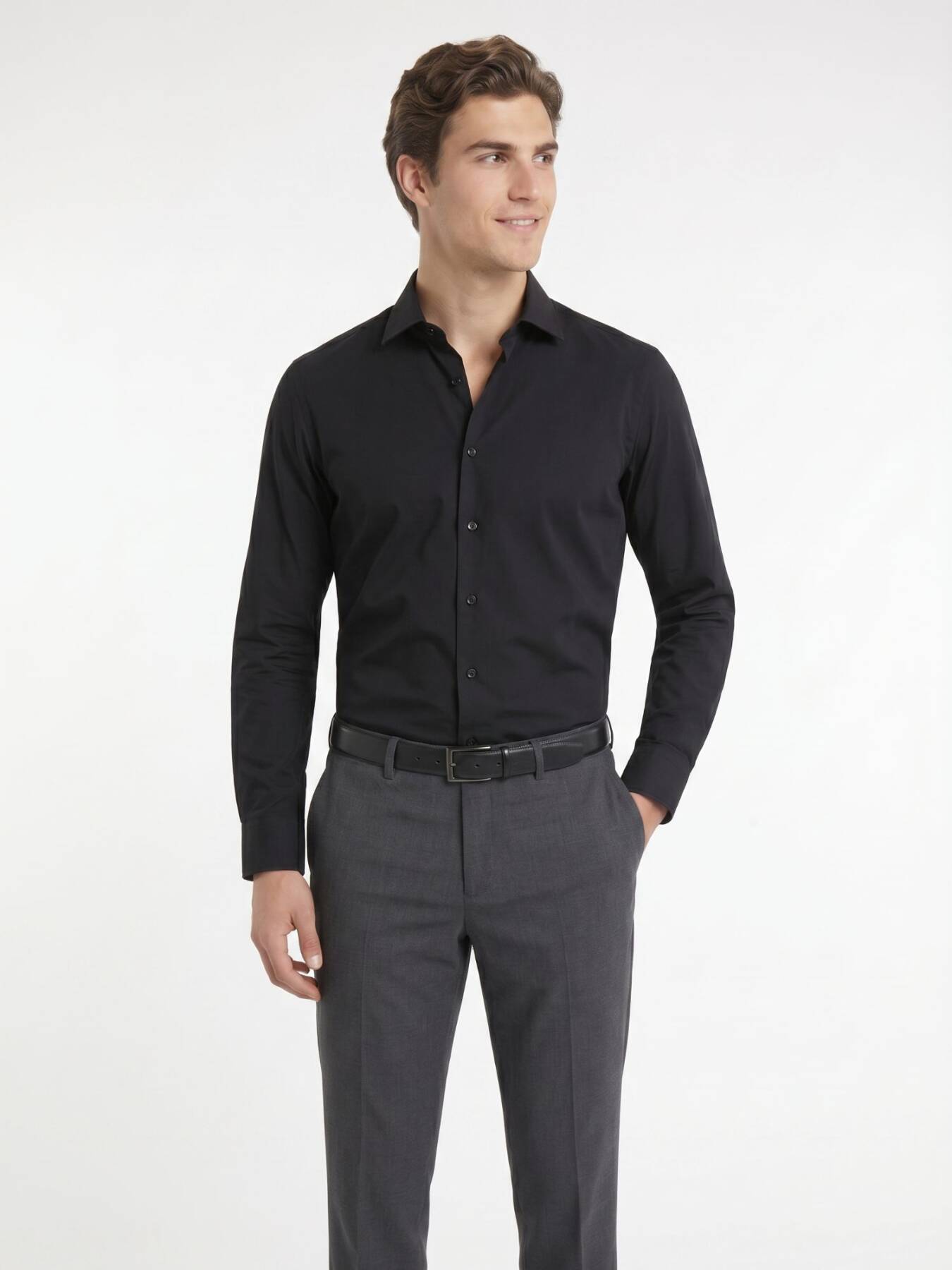 Siyah Regular Fit Uzun Dokuma Casual Pamuk Karışımlı Gömlek