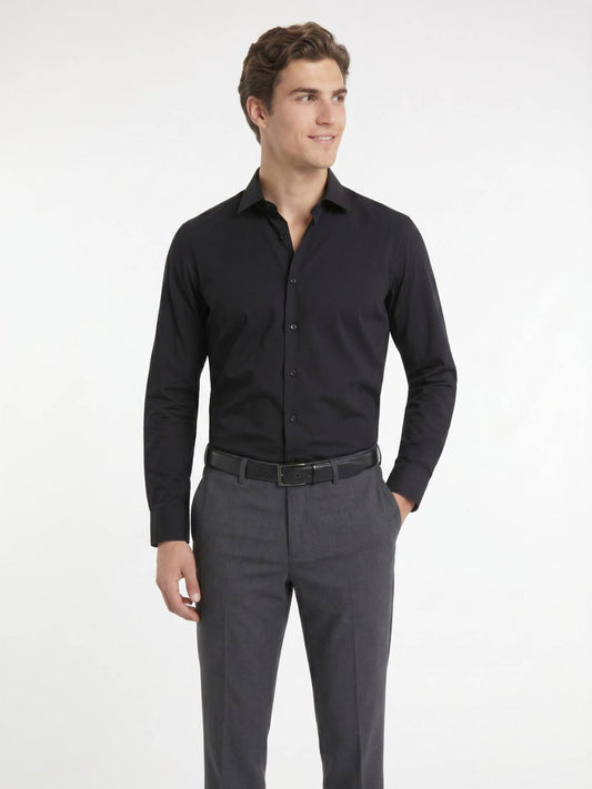 Siyah Regular Fit Uzun Dokuma Casual Pamuk Karışımlı Gömlek