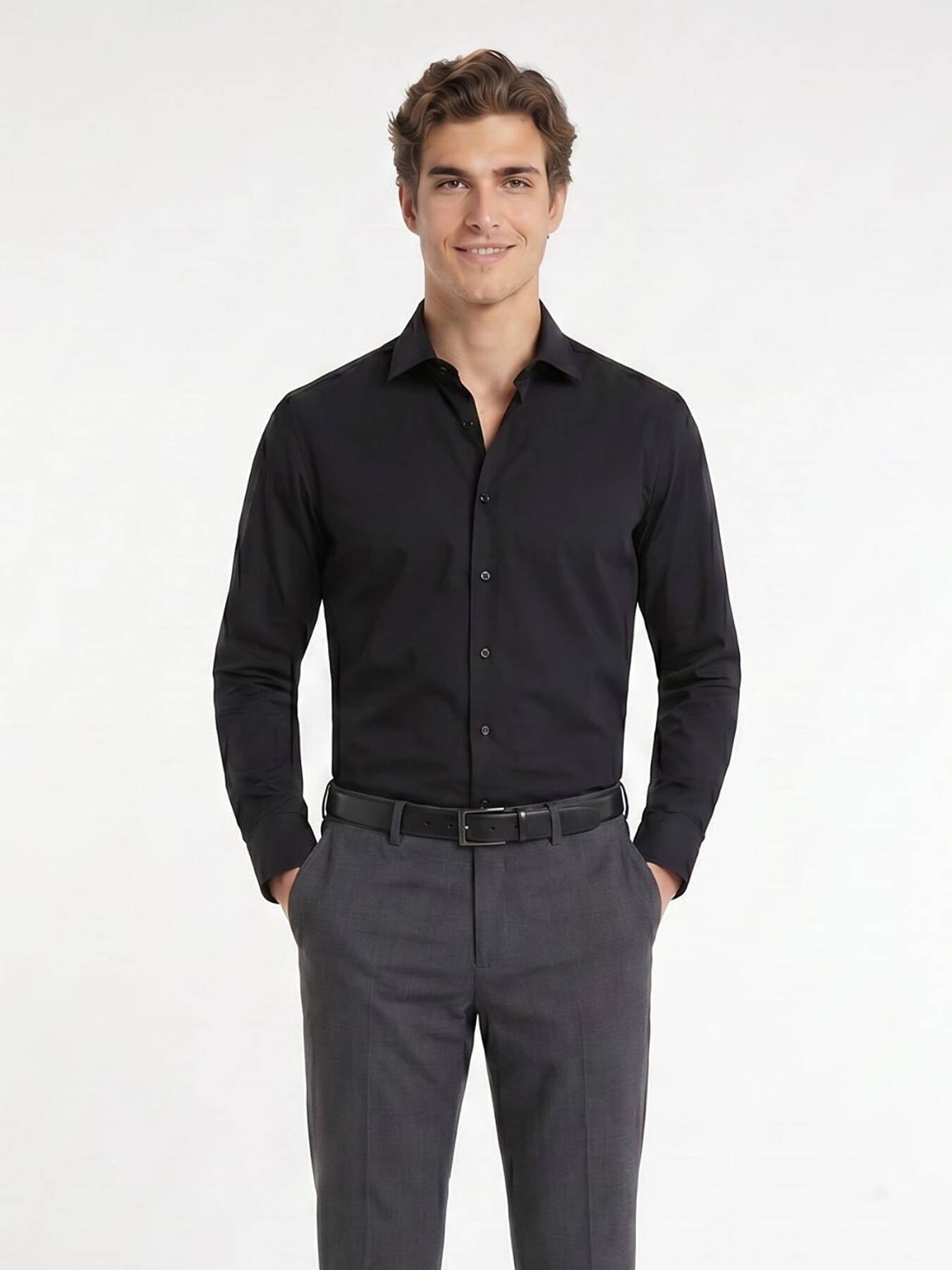 Siyah Regular Fit Uzun Dokuma Casual Pamuk Karışımlı Gömlek