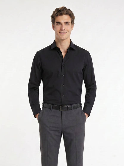 Siyah Regular Fit Uzun Dokuma Casual Pamuk Karışımlı Gömlek