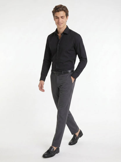 Siyah Regular Fit Uzun Dokuma Casual Pamuk Karışımlı Gömlek