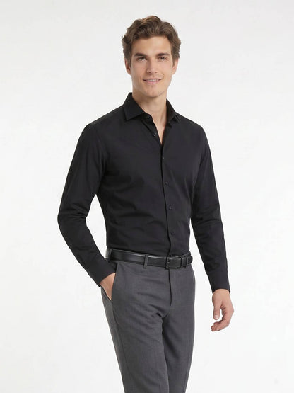 Siyah Regular Fit Uzun Dokuma Casual Pamuk Karışımlı Gömlek