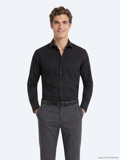 Siyah Regular Fit Uzun Dokuma Casual Pamuk Karışımlı Gömlek