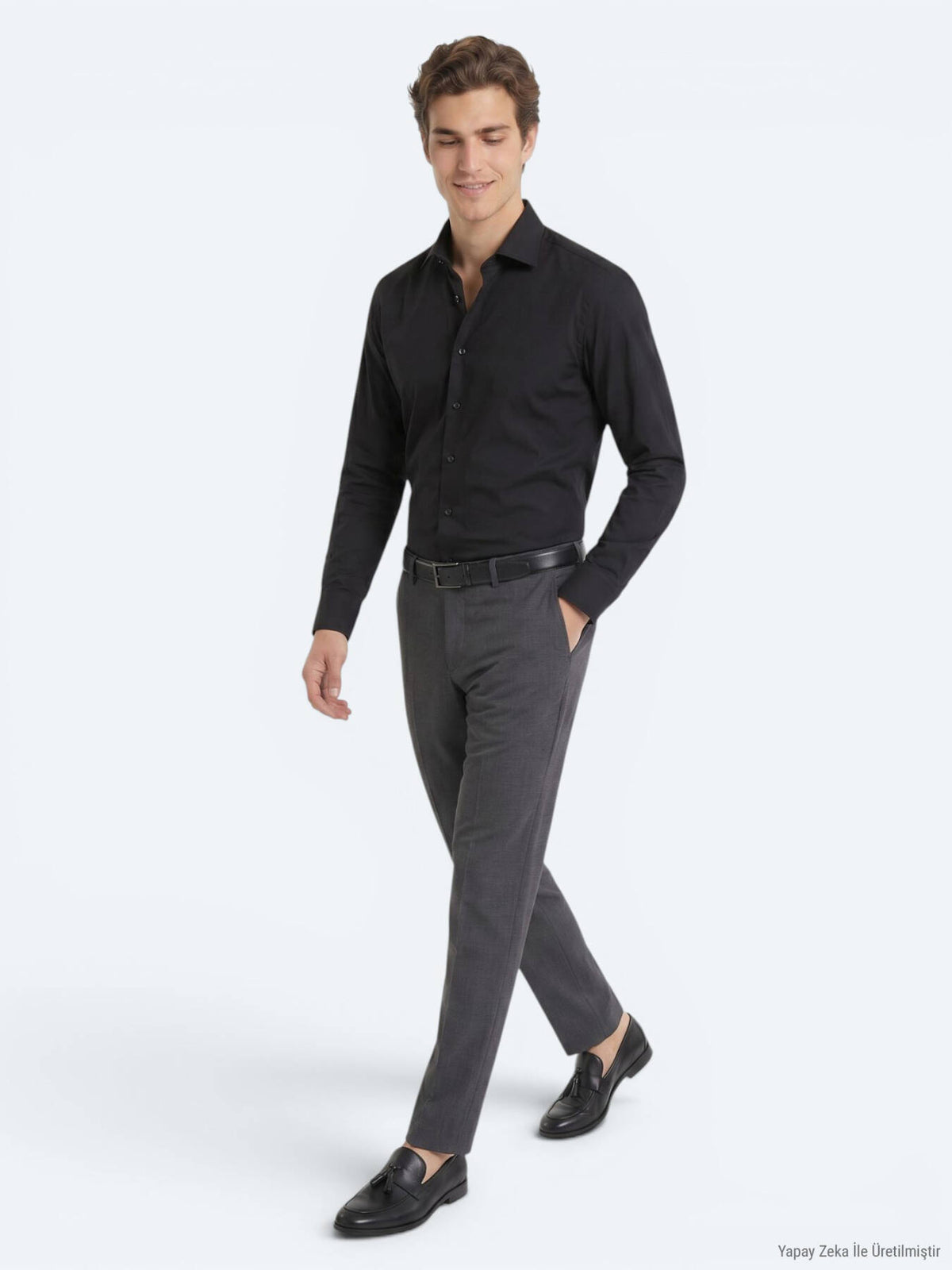 Siyah Regular Fit Uzun Dokuma Casual Pamuk Karışımlı Gömlek