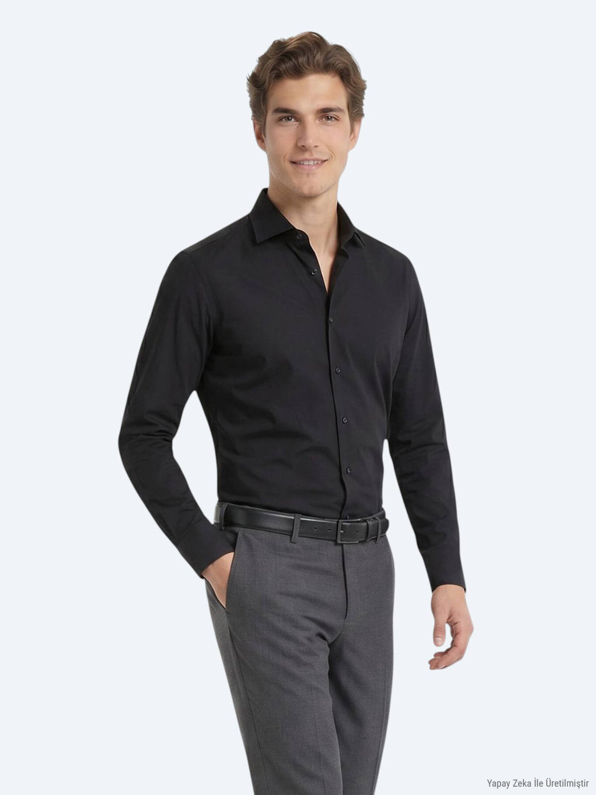 Siyah Regular Fit Uzun Dokuma Casual Pamuk Karışımlı Gömlek