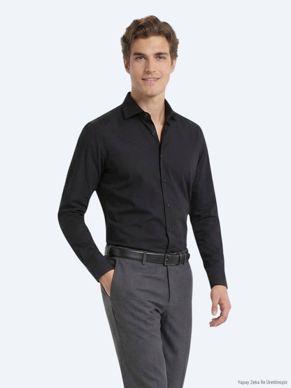 Siyah Regular Fit Uzun Dokuma Casual Pamuk Karışımlı Gömlek