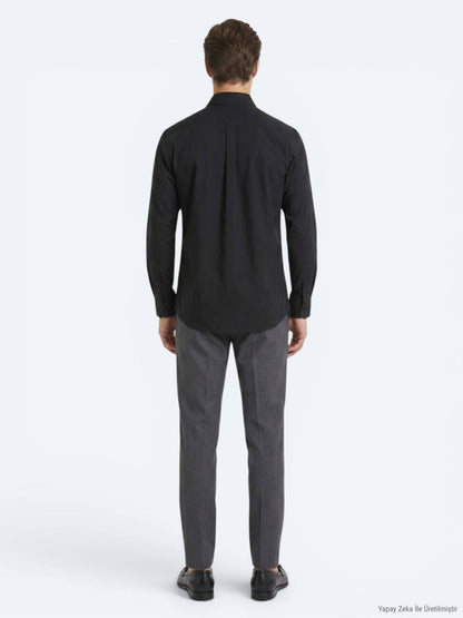 Siyah Regular Fit Uzun Dokuma Casual Pamuk Karışımlı Gömlek