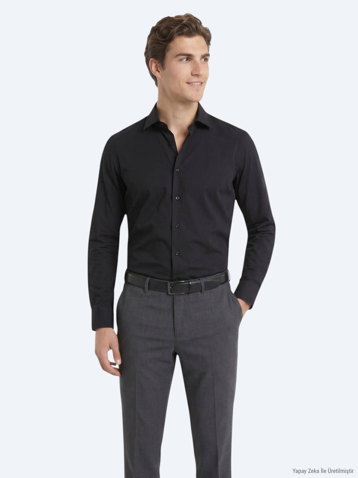 Siyah Regular Fit Uzun Dokuma Casual Pamuk Karışımlı Gömlek