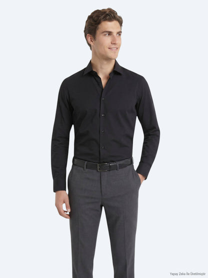 Siyah Regular Fit Uzun Dokuma Casual Pamuk Karışımlı Gömlek