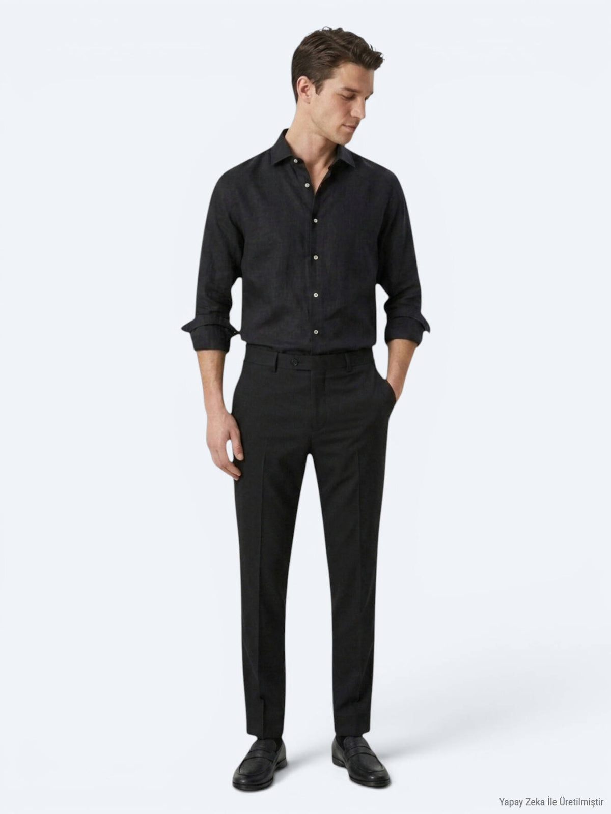 Siyah Regular Fit Uzun Dokuma Casual Pamuk Karışımlı Gömlek