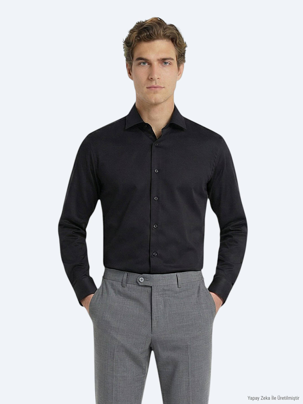 Siyah Regular Fit Uzun Dokuma Klasik %100 Pamuk Gömlek