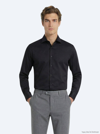 Siyah Regular Fit Uzun Dokuma Klasik %100 Pamuk Gömlek