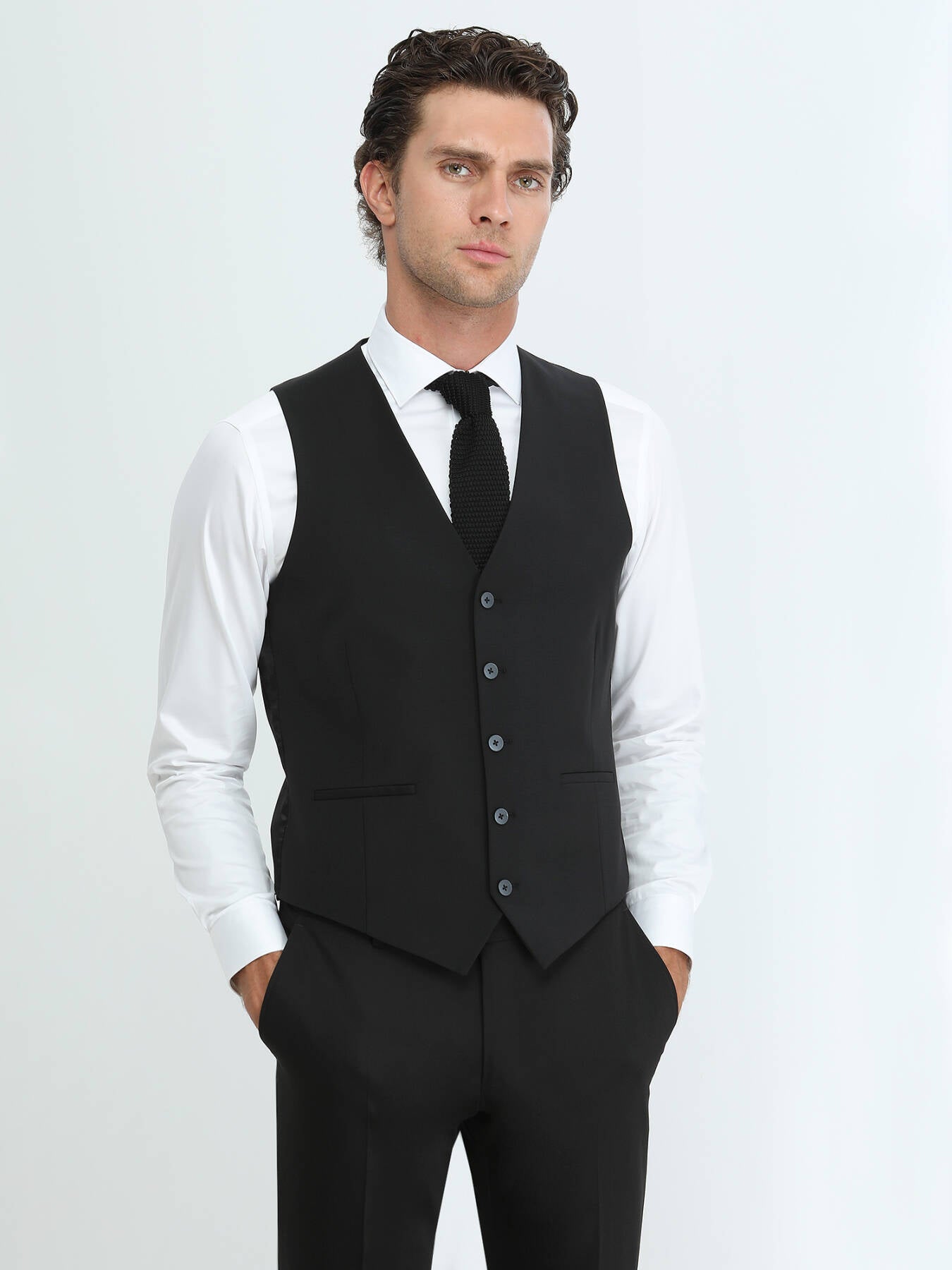 Siyah Slim Fit Klasik Dokuma Yelek