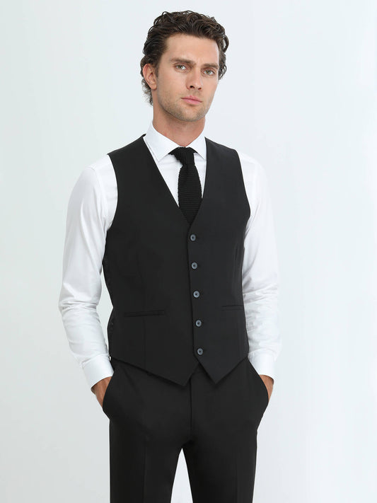 Siyah Slim Fit Klasik Dokuma Yelek