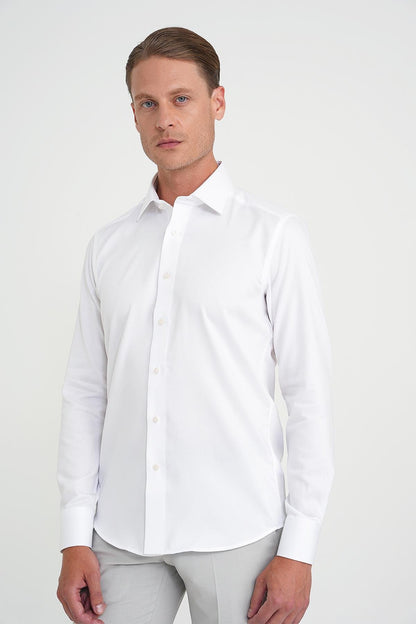 Slim Fit %100 Pamuk Non Iron Kumaş Dokulu Klasik Beyaz Gömlek Gk 744