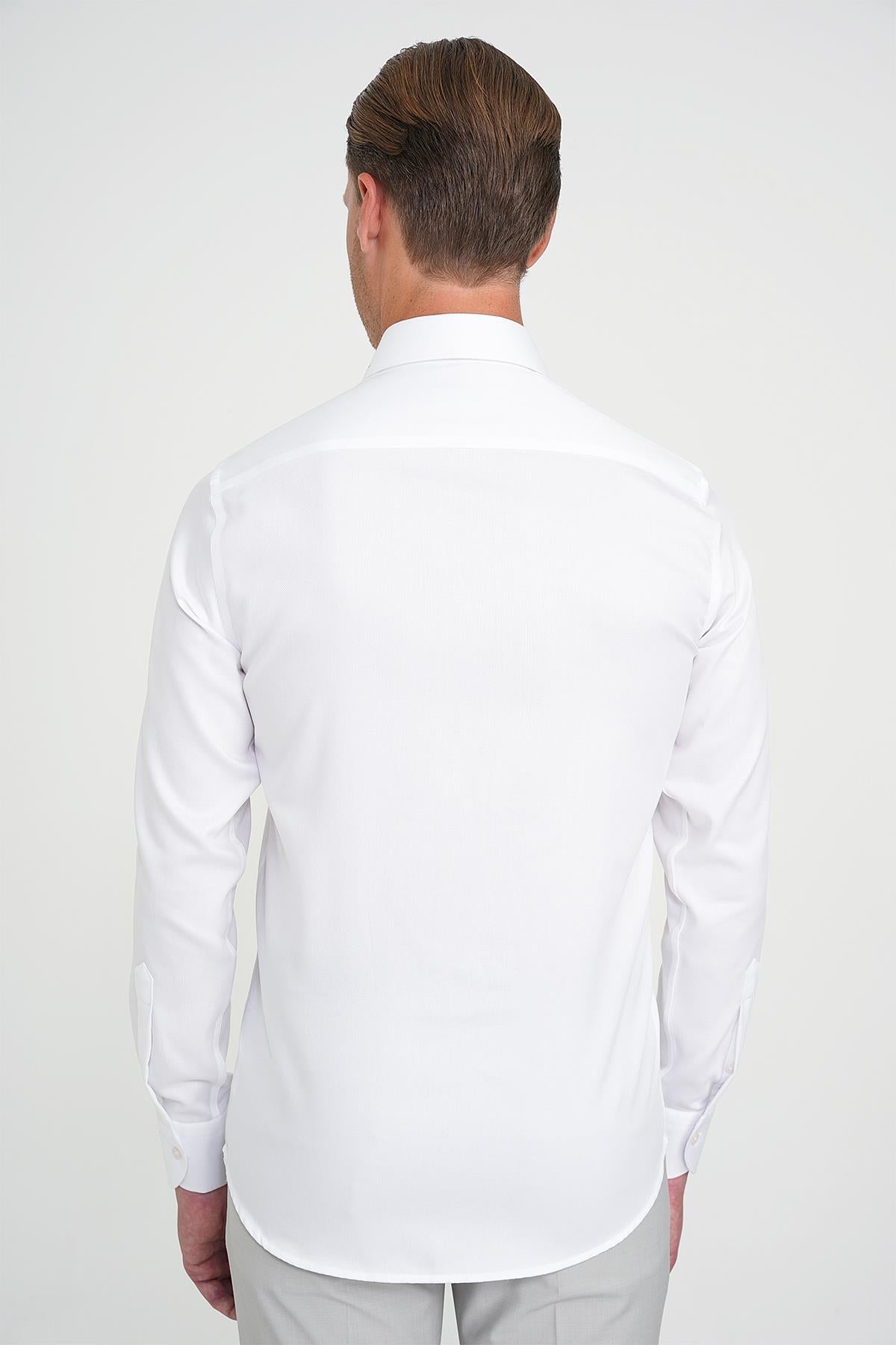 Slim Fit %100 Pamuk Non Iron Kumaş Dokulu Klasik Beyaz Gömlek Gk 744