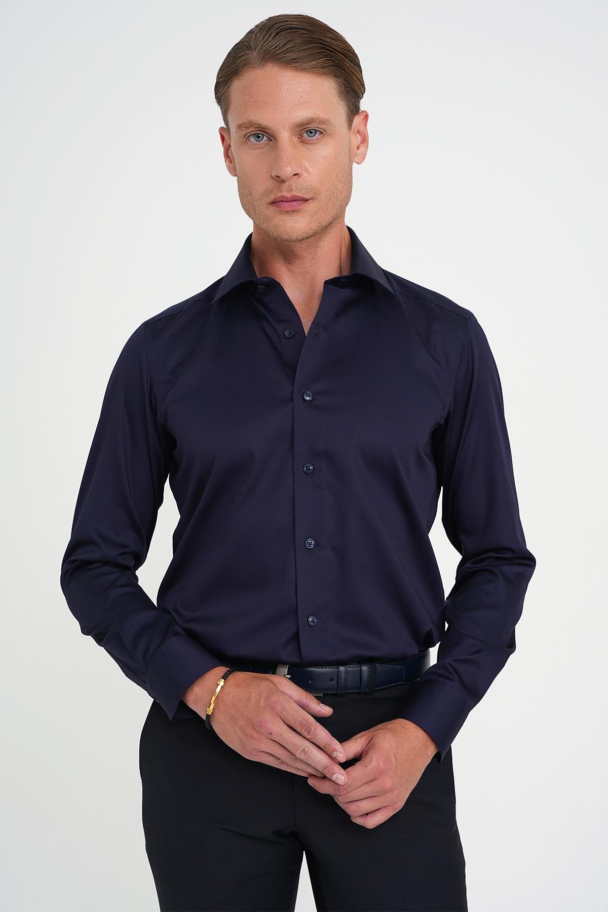 Slim Fit %100 Pamuk Non Iron Kumaş Klasik Lacivert Gömlek Gk 734