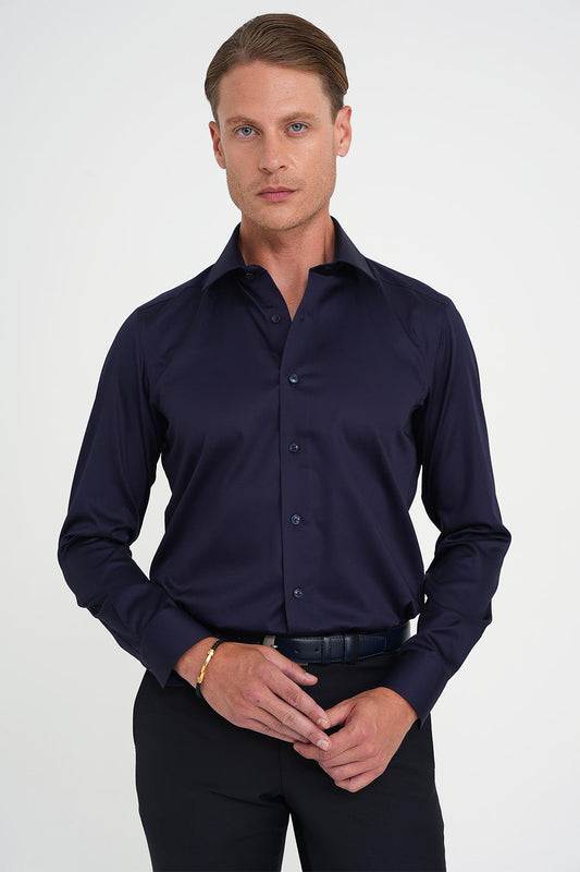 Slim Fit %100 Pamuk Non Iron Kumaş Klasik Lacivert Gömlek Gk 734