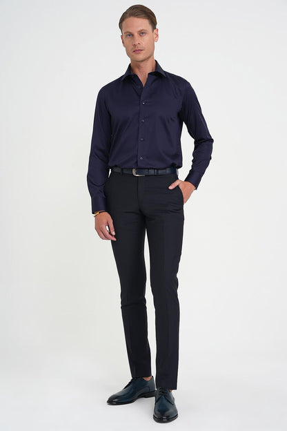 Slim Fit %100 Pamuk Non Iron Kumaş Klasik Lacivert Gömlek Gk 734