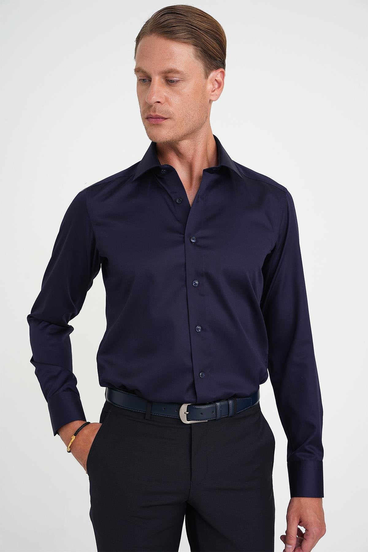 Slim Fit %100 Pamuk Non Iron Kumaş Klasik Lacivert Gömlek Gk 734