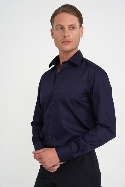 Slim Fit %100 Pamuk Non Iron Kumaş Klasik Lacivert Gömlek Gk 734