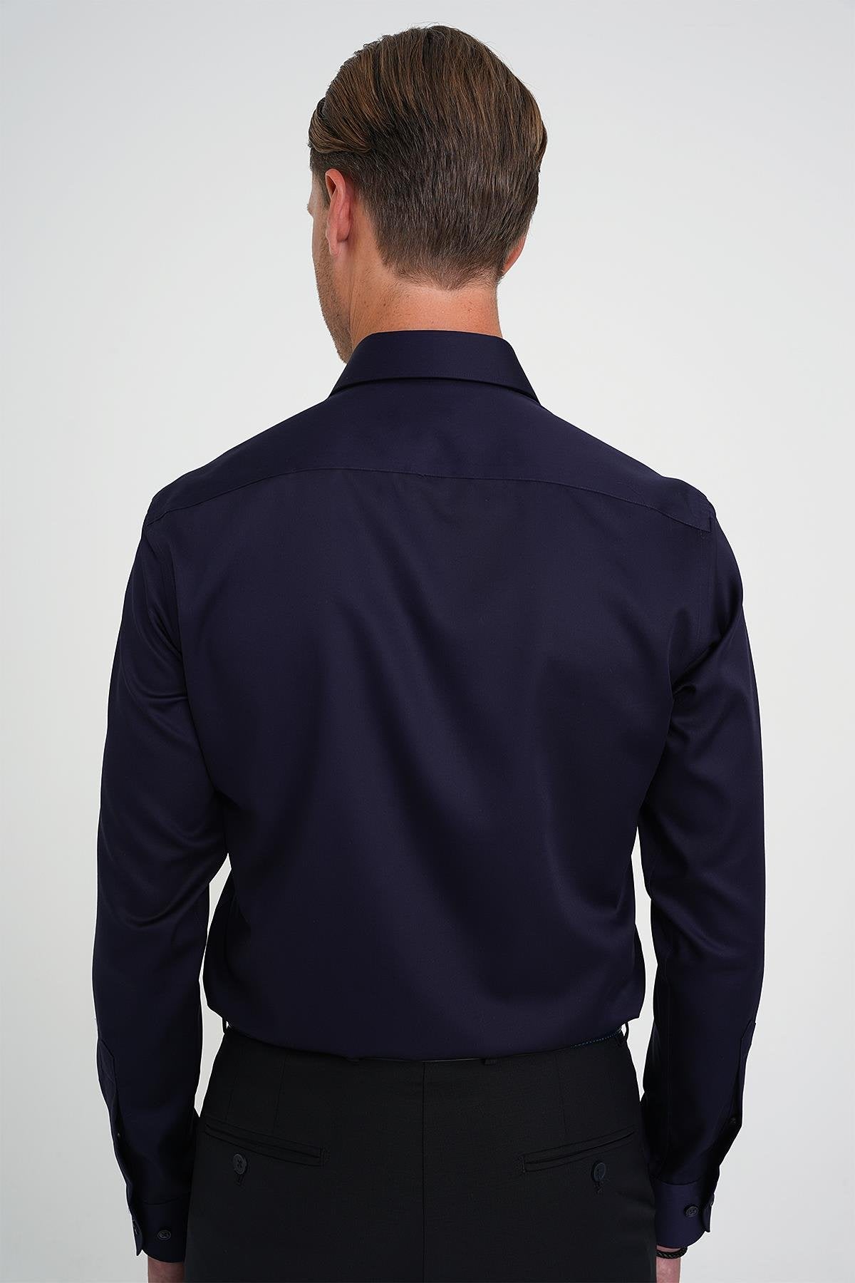 Slim Fit %100 Pamuk Non Iron Kumaş Klasik Lacivert Gömlek Gk 734