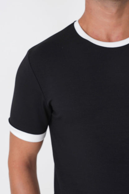 Slim Fit Bisiklet Yaka Siyah-ekru Tişört Ts 932
