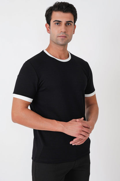 Slim Fit Bisiklet Yaka Siyah-ekru Tişört Ts 932