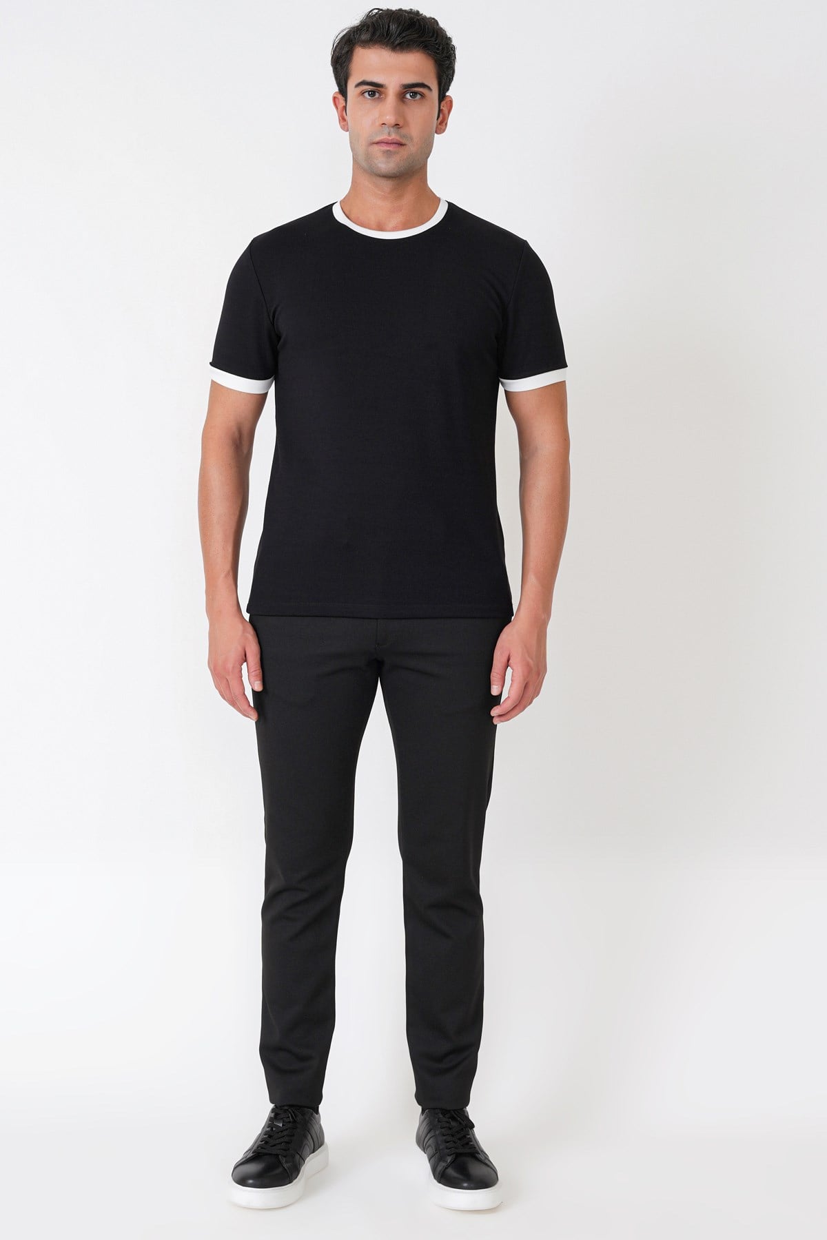 Slim Fit Bisiklet Yaka Siyah-ekru Tişört Ts 932