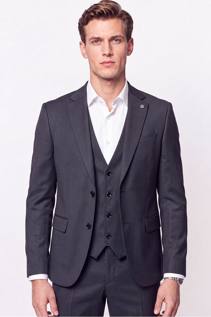 Slim Fit Çift Yırtmaç %97 Yünlü Doku Desenli Esnek Antrasit Yelekli Takım Elbise Tk 927