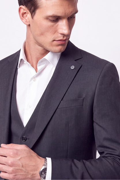 Slim Fit Çift Yırtmaç %97 Yünlü Doku Desenli Esnek Antrasit Yelekli Takım Elbise Tk 927