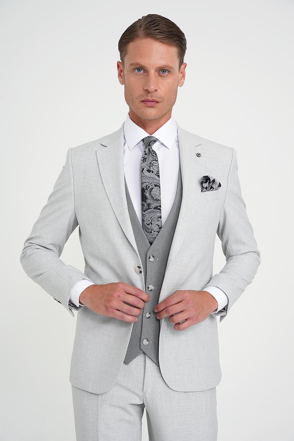 Slim Fit Fleto Cep Pötikare Desenli Yelekli Gri Takım Elbise Tk 922