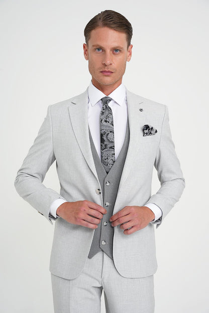 Slim Fit Fleto Cep Pötikare Desenli Yelekli Gri Takım Elbise Tk 922