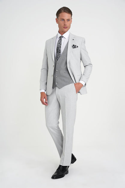 Slim Fit Fleto Cep Pötikare Desenli Yelekli Gri Takım Elbise Tk 922