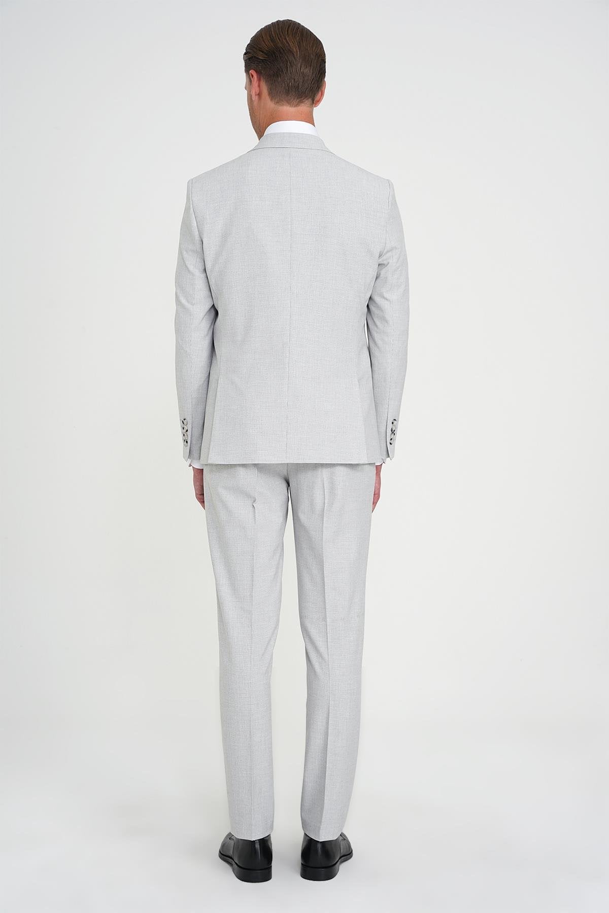 Slim Fit Fleto Cep Pötikare Desenli Yelekli Gri Takım Elbise Tk 922