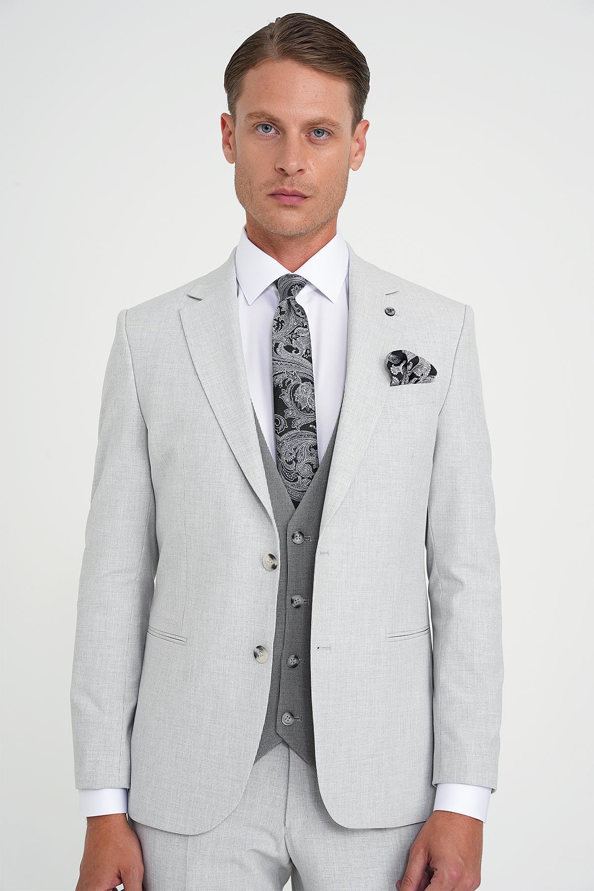 Slim Fit Fleto Cep Pötikare Desenli Yelekli Gri Takım Elbise Tk 922