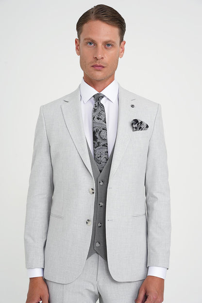 Slim Fit Fleto Cep Pötikare Desenli Yelekli Gri Takım Elbise Tk 922