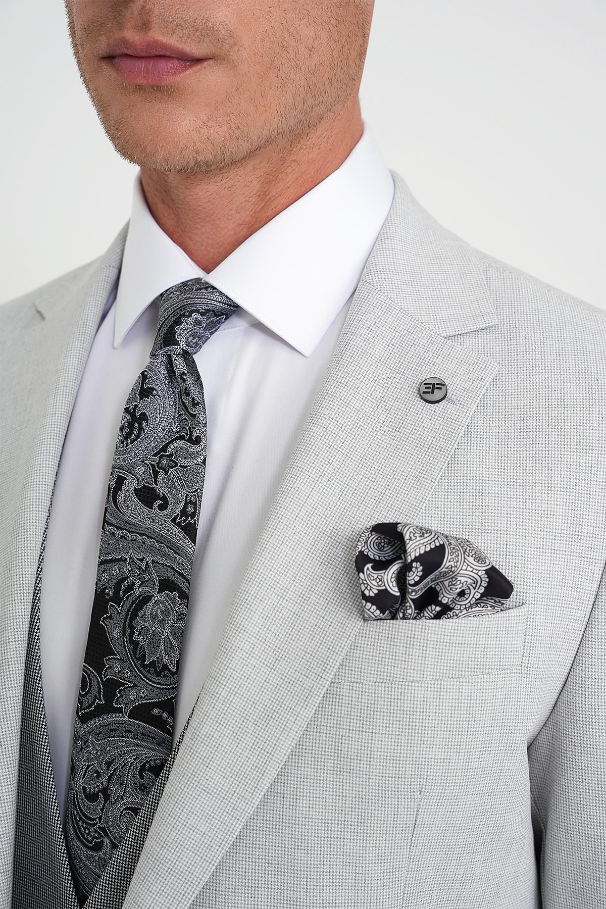 Slim Fit Fleto Cep Pötikare Desenli Yelekli Gri Takım Elbise Tk 922