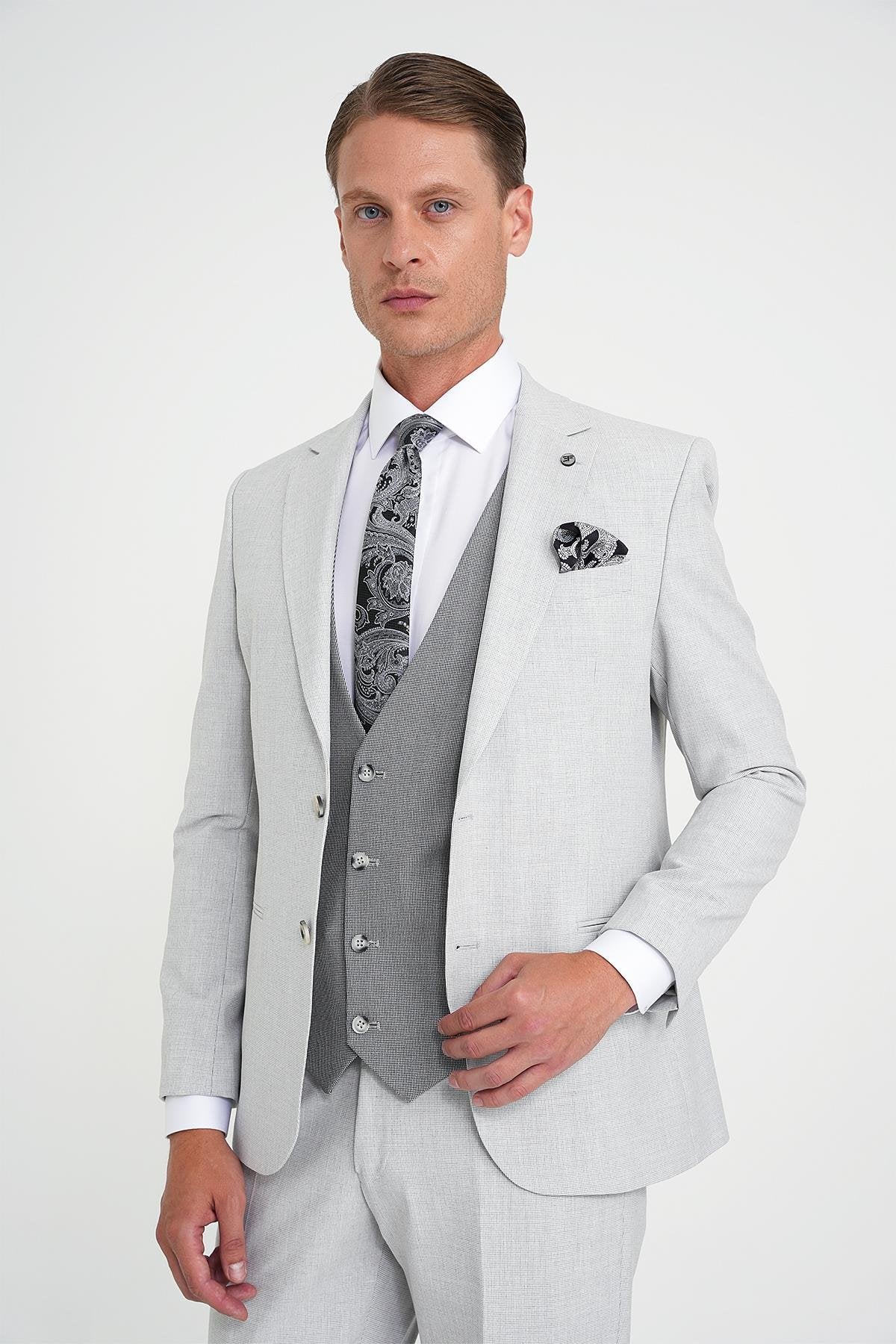 Slim Fit Fleto Cep Pötikare Desenli Yelekli Gri Takım Elbise Tk 922