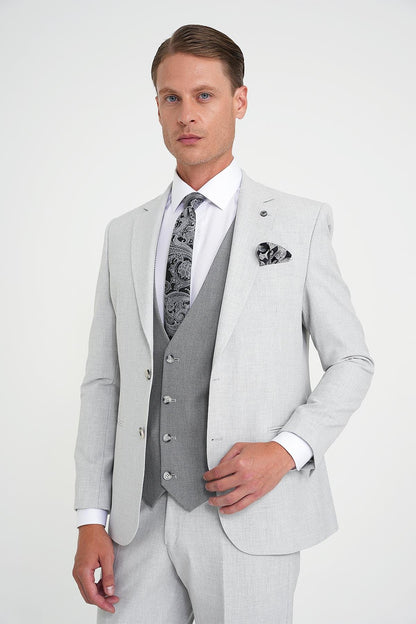 Slim Fit Fleto Cep Pötikare Desenli Yelekli Gri Takım Elbise Tk 922