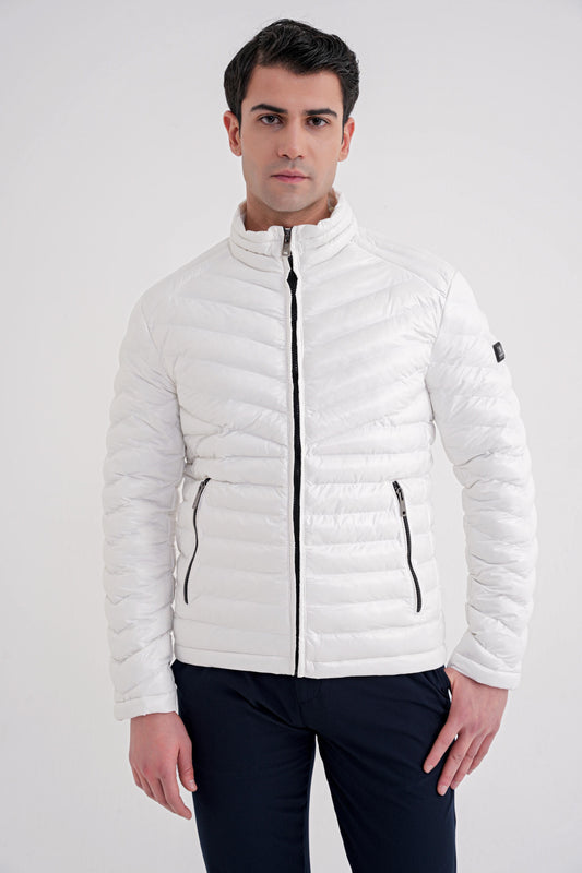 Slim Fit Hakim Yaka Yan Cepli Kaz Tüyü Beyaz Şişme Mont Mt 176