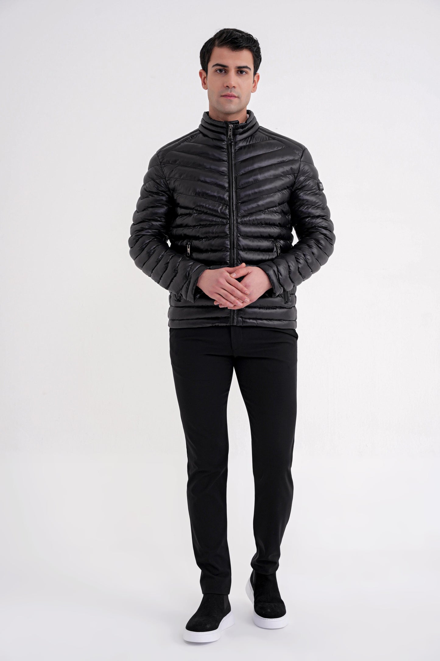 Slim Fit Hakim Yaka Yan Cepli Kaz Tüyü Siyah Şişme Mont Mt 176