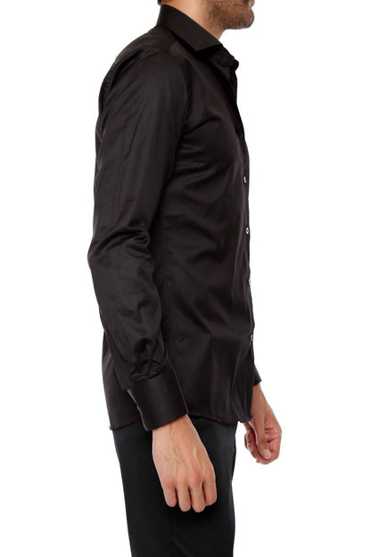Gk 214 Slim Fit Klasik Yaka Pamuk Saten Uzun Kol Siyah Gömlek