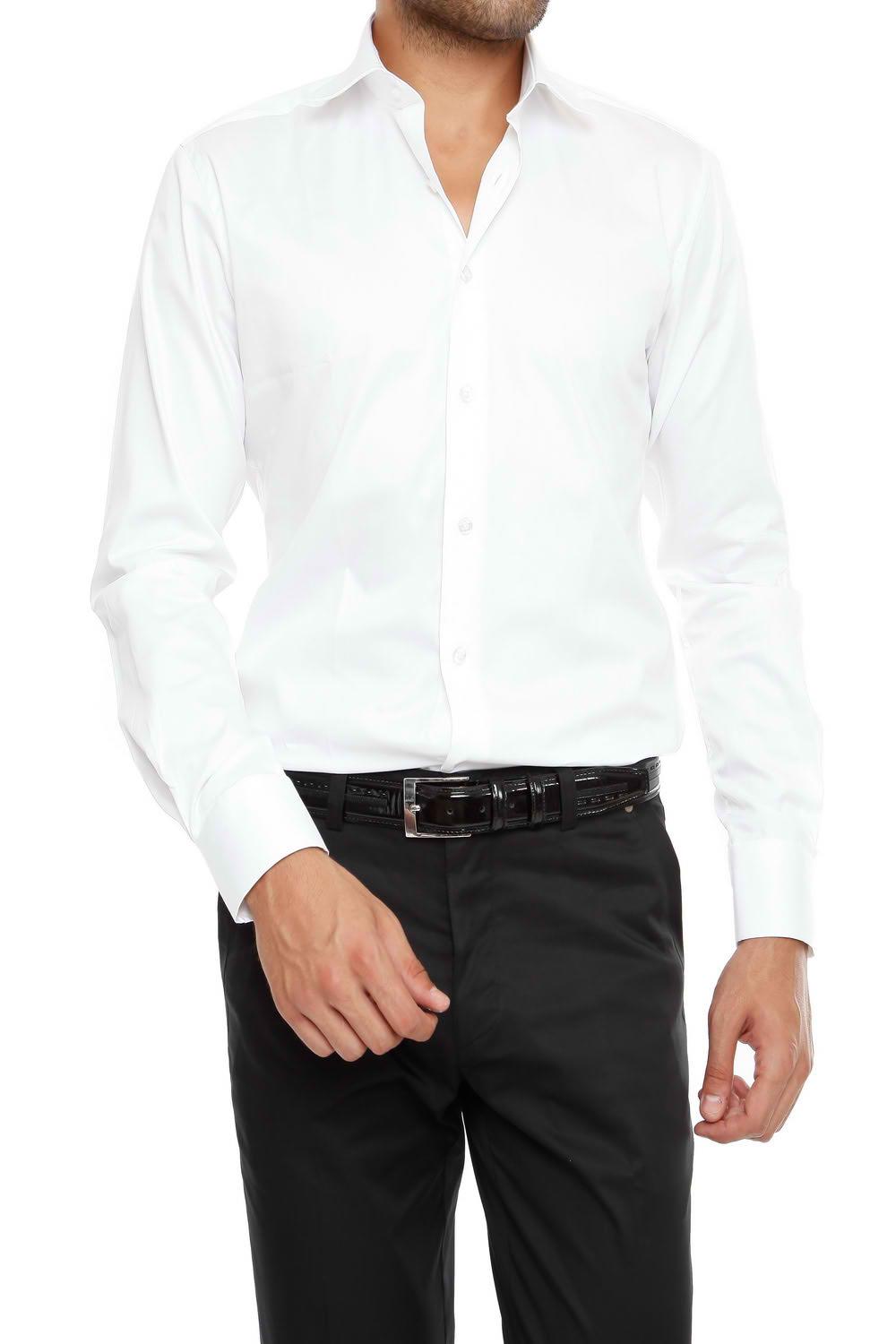 Gk 214 Slim Fit Klasik Yaka Pamuk Saten Uzun Kol Beyaz Gömlek