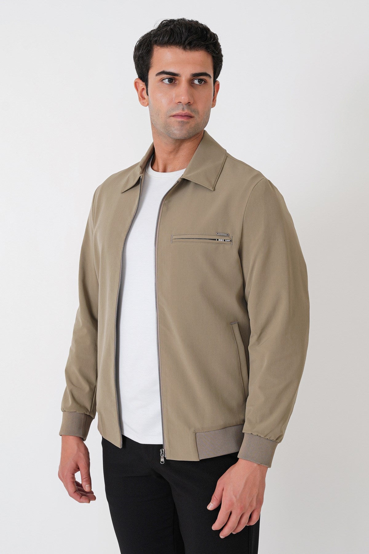 Slim Fit Önü Fermuarlı Etek Kol Ribanalı Esnek Bej Mont Mt 184