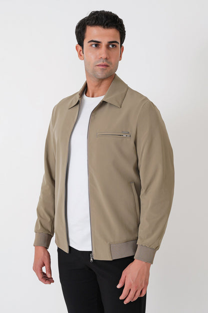 Slim Fit Önü Fermuarlı Etek Kol Ribanalı Esnek Bej Mont Mt 184