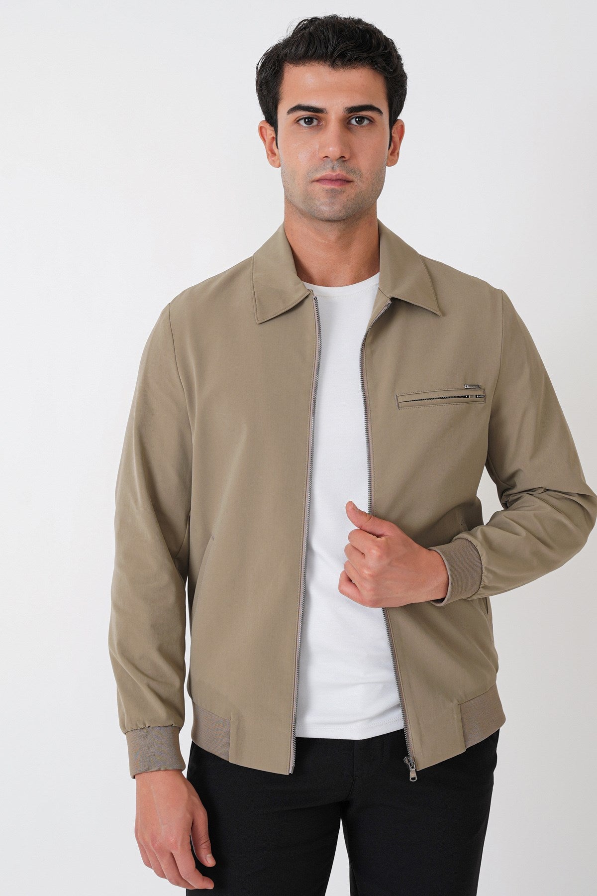 Slim Fit Önü Fermuarlı Etek Kol Ribanalı Esnek Bej Mont Mt 184