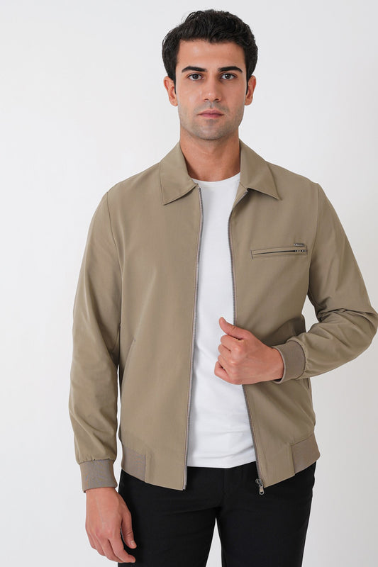Slim Fit Önü Fermuarlı Etek Kol Ribanalı Esnek Bej Mont Mt 184