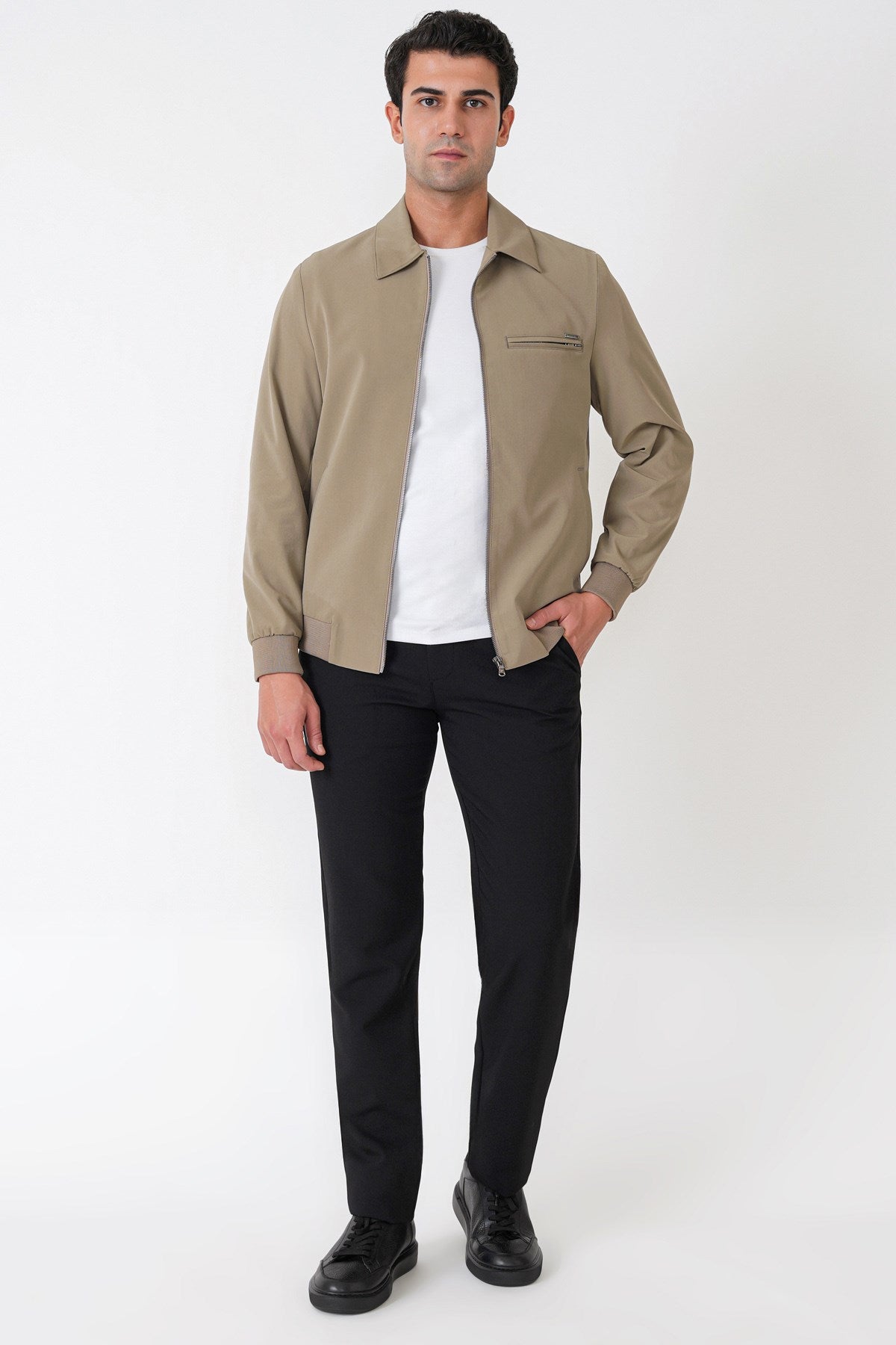 Slim Fit Önü Fermuarlı Etek Kol Ribanalı Esnek Bej Mont Mt 184