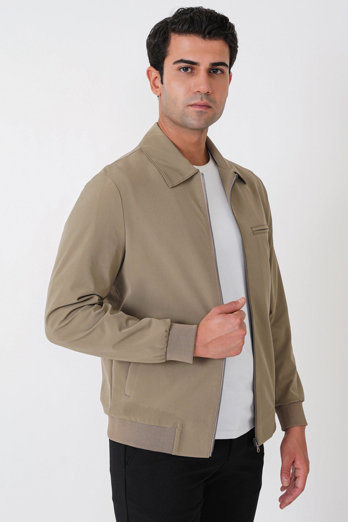 Slim Fit Önü Fermuarlı Etek Kol Ribanalı Esnek Bej Mont Mt 184